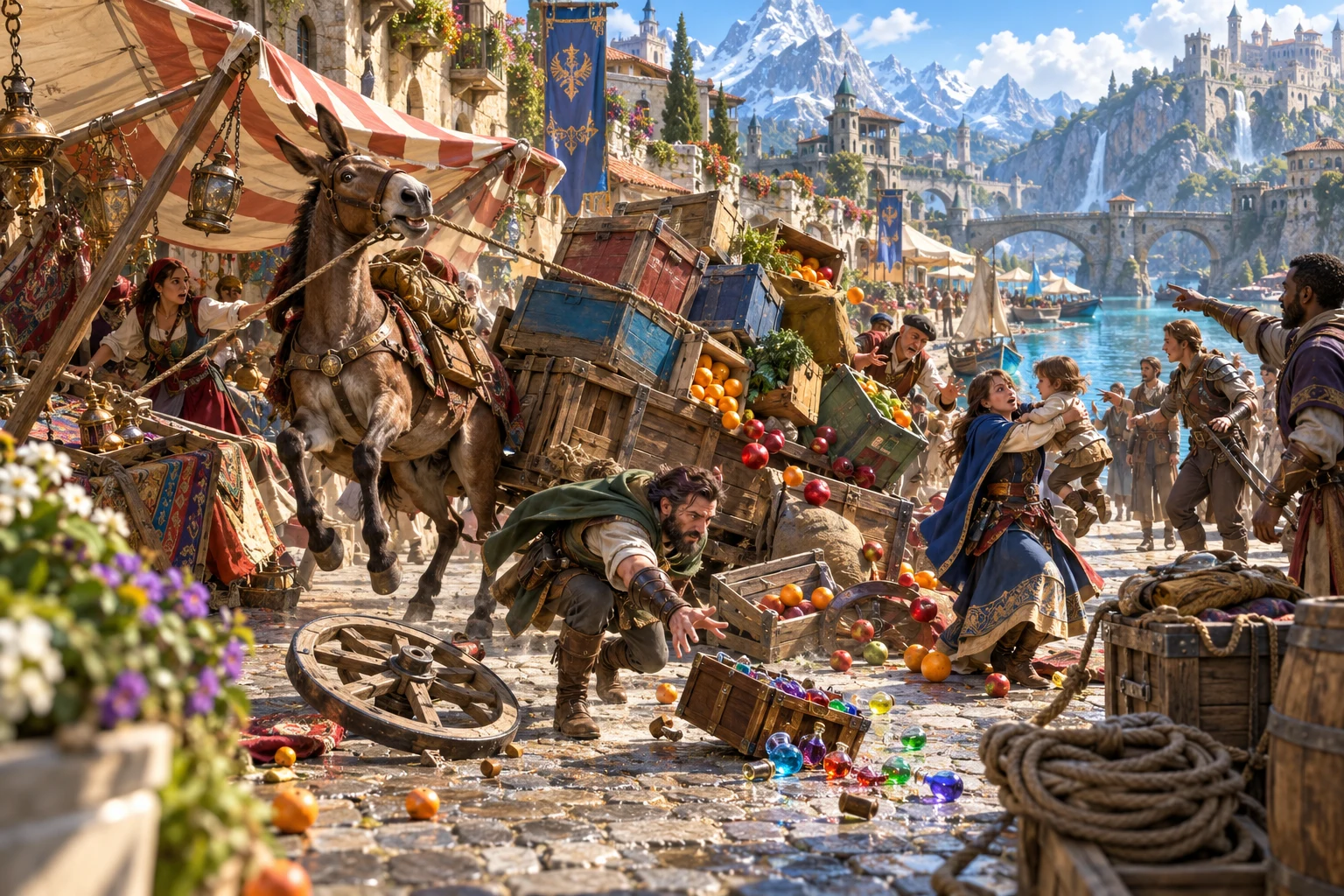 Fantasy editorial illustration of a developing mishap and people responding